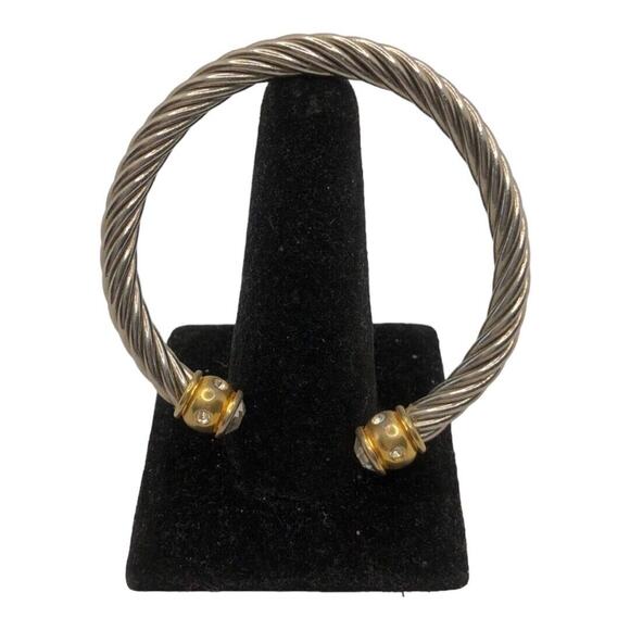 Retro Silver Rope Style Cuff Bracelet with Gold Bar on each end with rhinestones - Picture 1 of 7